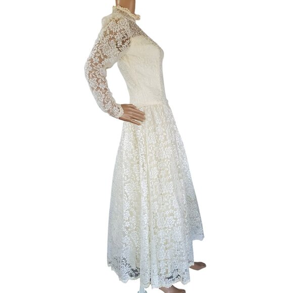 Vintage Victorian Wedding Dress XS Maxi Cream Lace Beads Tulle Lined Zip USA - Picture 10 of 15
